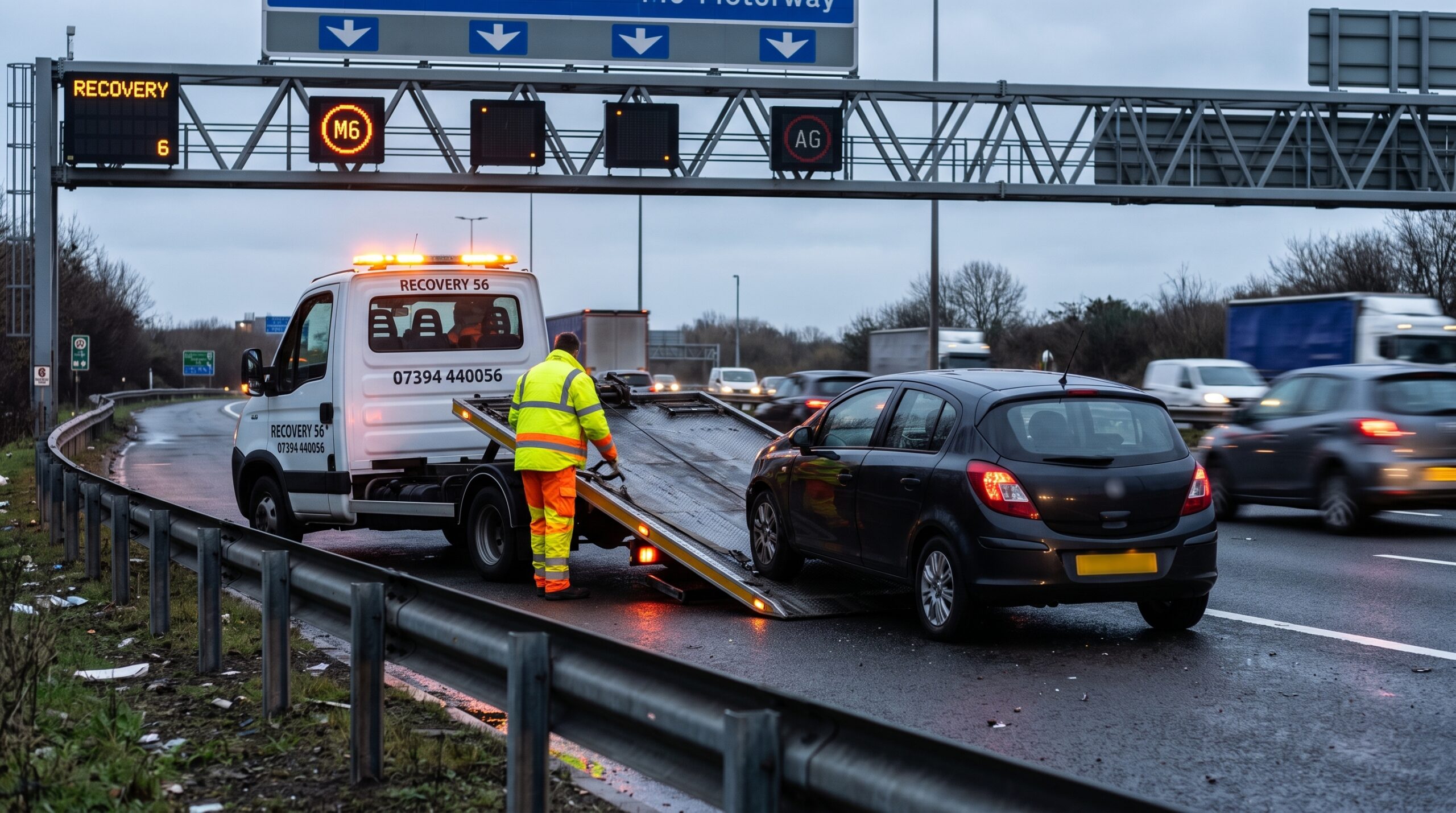 Recovery 56 flatbed tow truck assisting a stranded vehicle safely on the M6 motorway hard shoulder in the West Midlands.