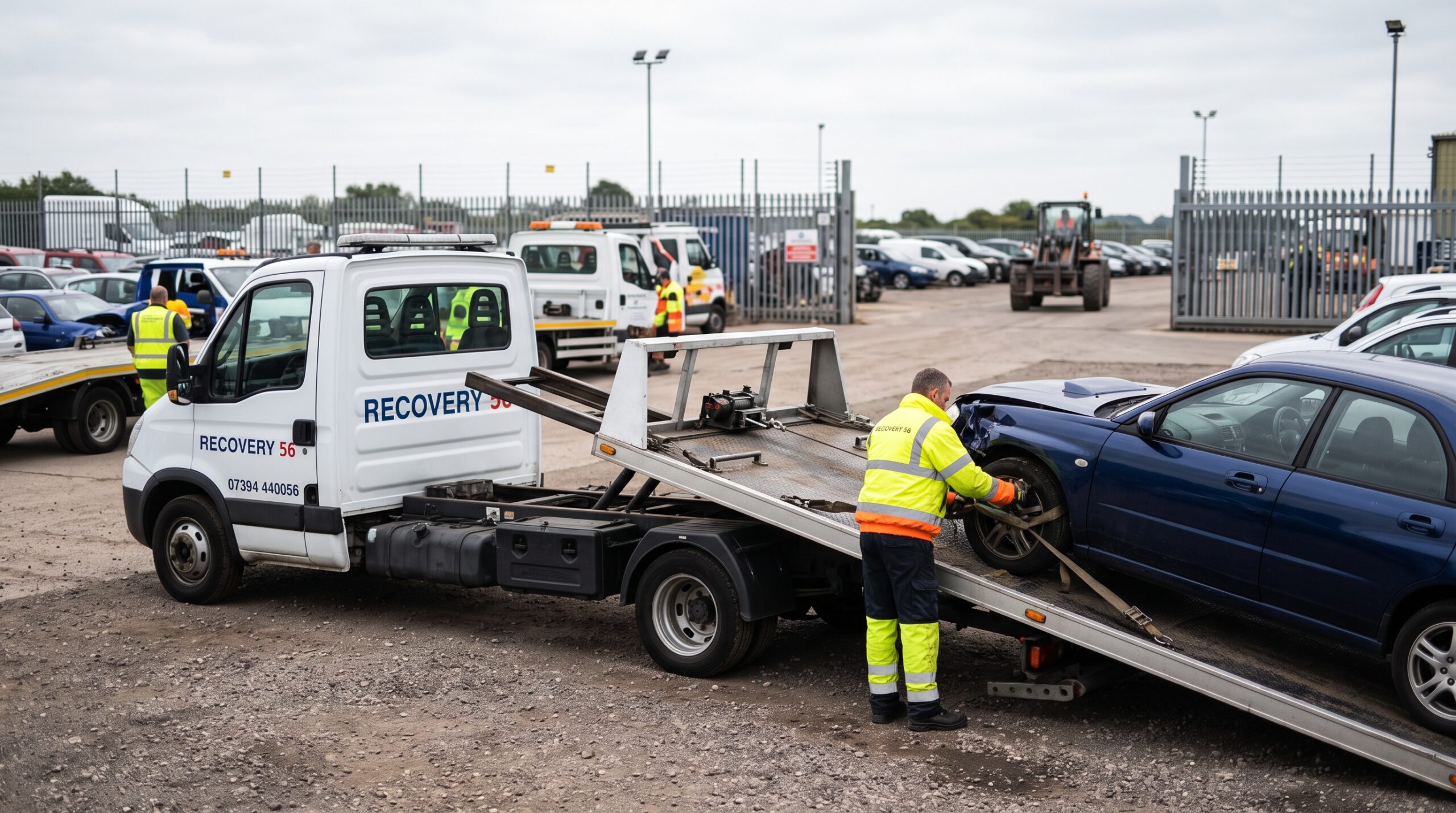 Recovery 56 flatbed tow truck winching a non-running salvage car at a UK auto auction yard for vehicle transport to the West Midlands.