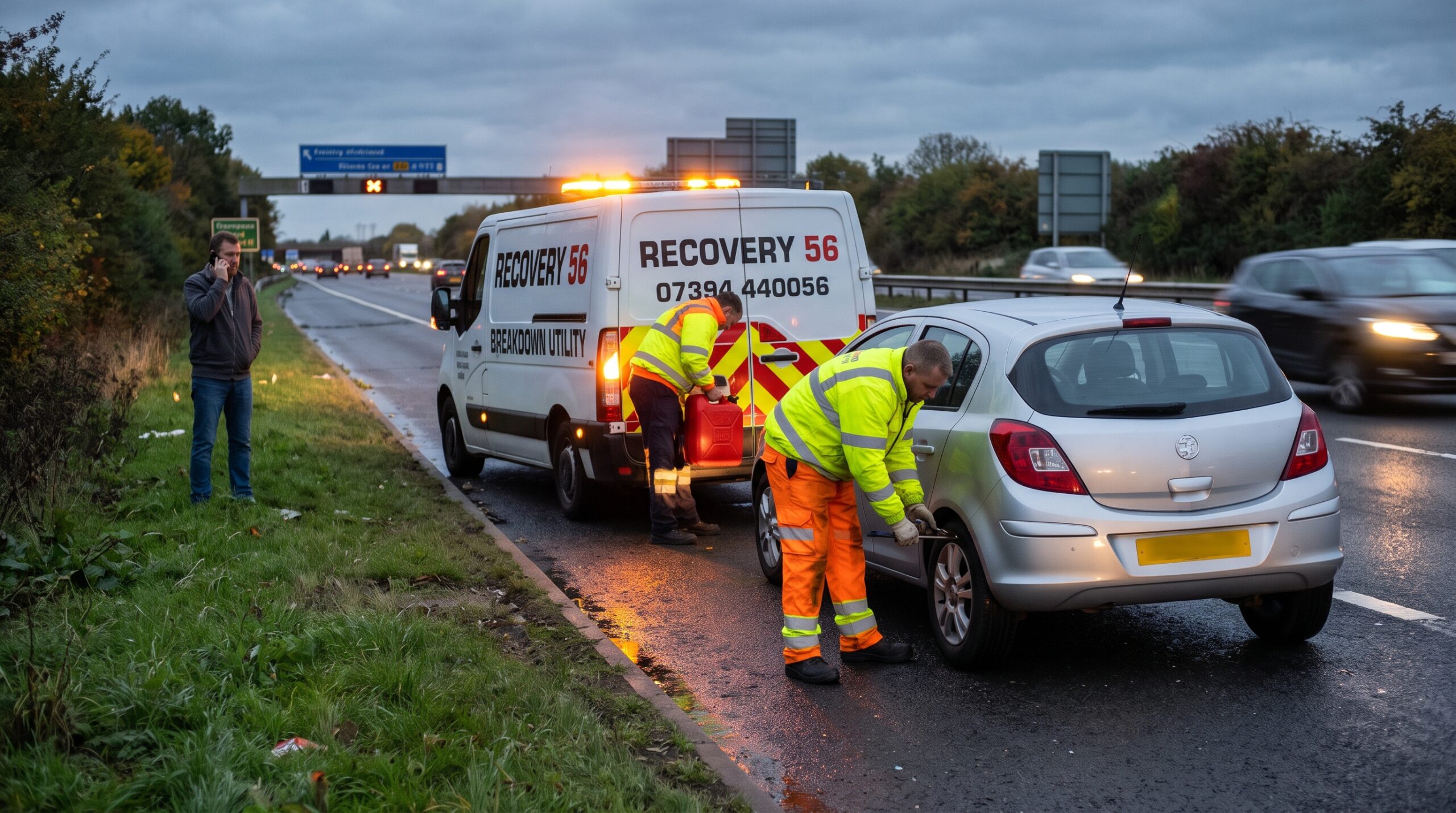 Recovery 56 roadside assistance vehicle helping a driver with a flat tyre and emergency fuel delivery in the West Midlands.